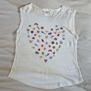 PAPARAZZI White Sleeveless Heart Icon Embroidered Sheer Women Large 100% Linen